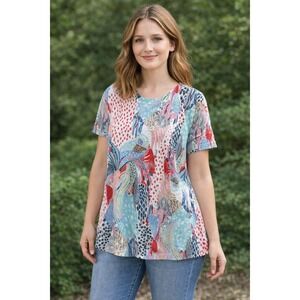 Atelier 5 Short Sleeve Top Women S Multi-Color Abstract‎ Print High-Low Knit